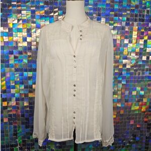 White Stag‎ Lace Trim Pintuck Blouse Women L White Excellent Boho Cottagecore